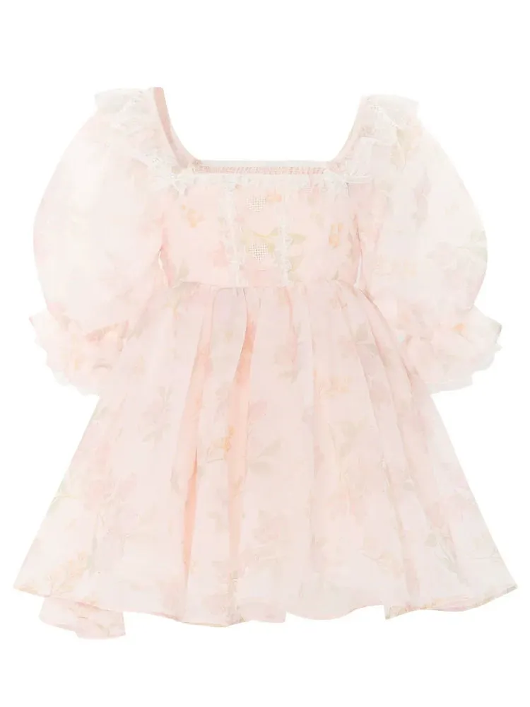 Princess Square Pink Neck Organza Dress