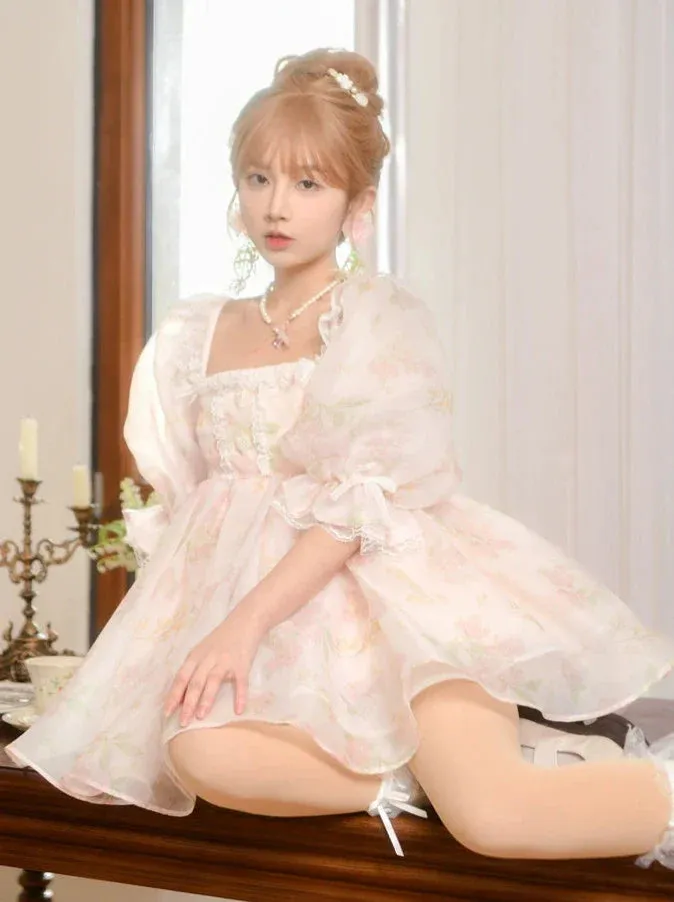 Princess Square Pink Neck Organza Dress