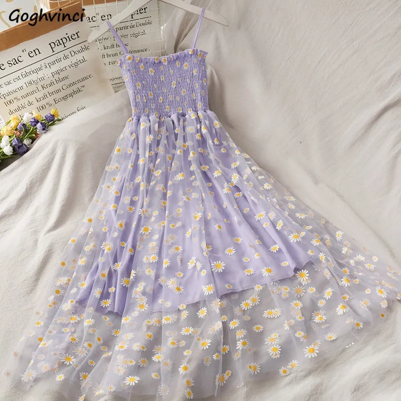 Sleeveless Daisy Dress With Mesh Layer