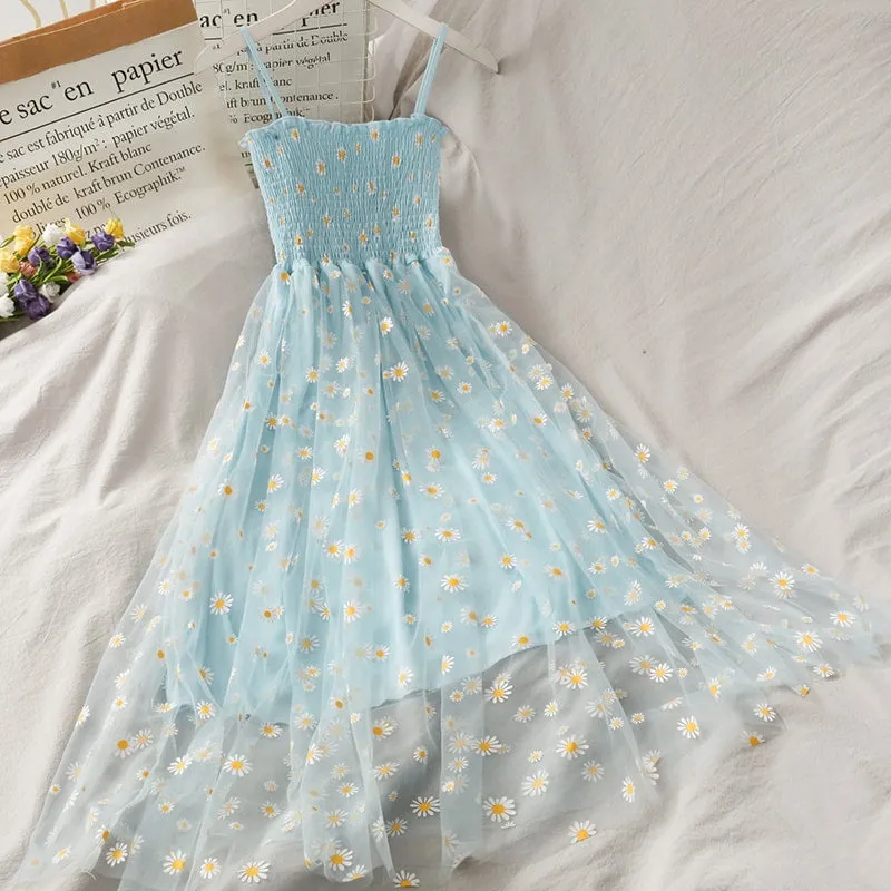Sleeveless Daisy Dress With Mesh Layer