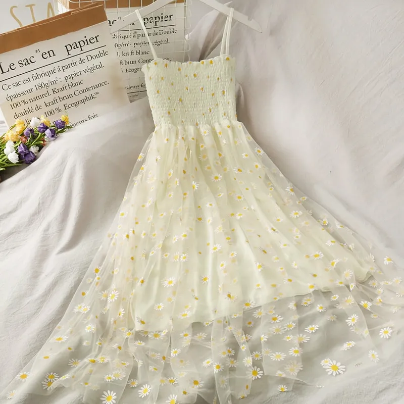 Sleeveless Daisy Dress With Mesh Layer