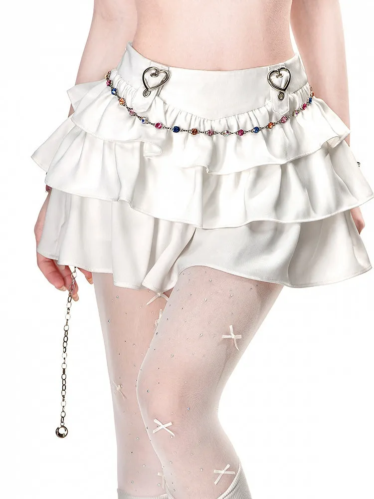 White Heart Buckles A-Line Tiered Skirt
