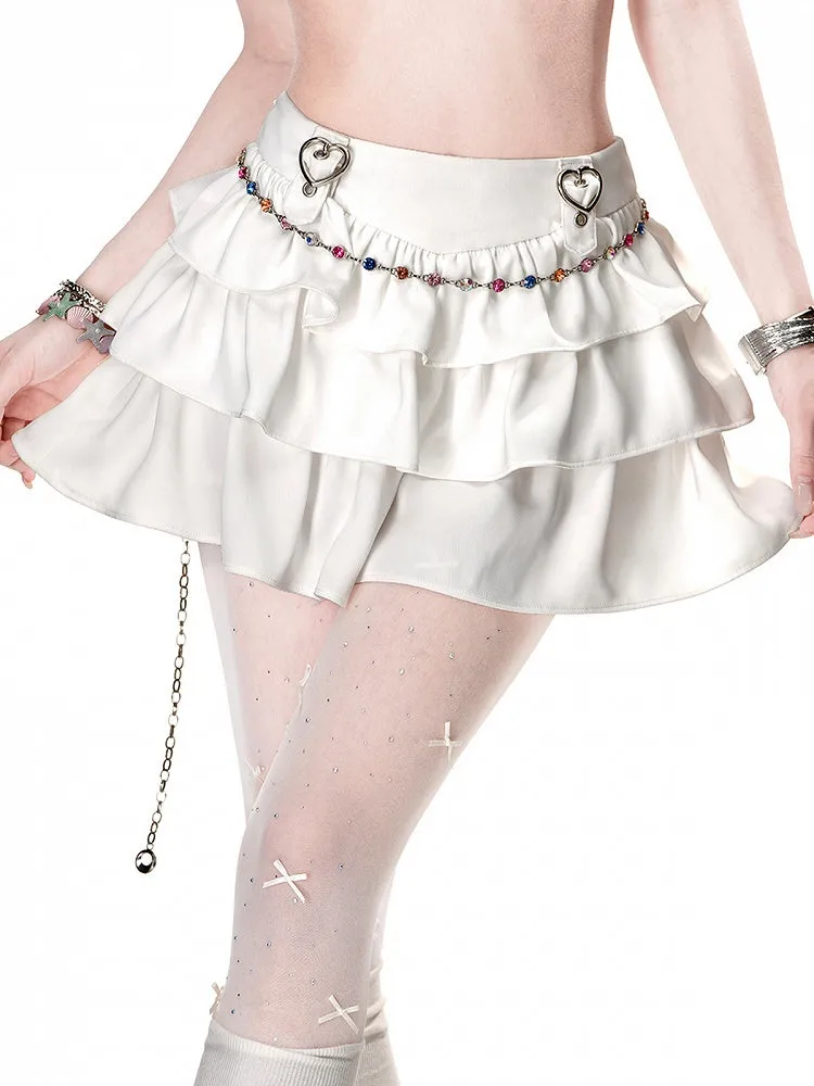 White Heart Buckles A-Line Tiered Skirt