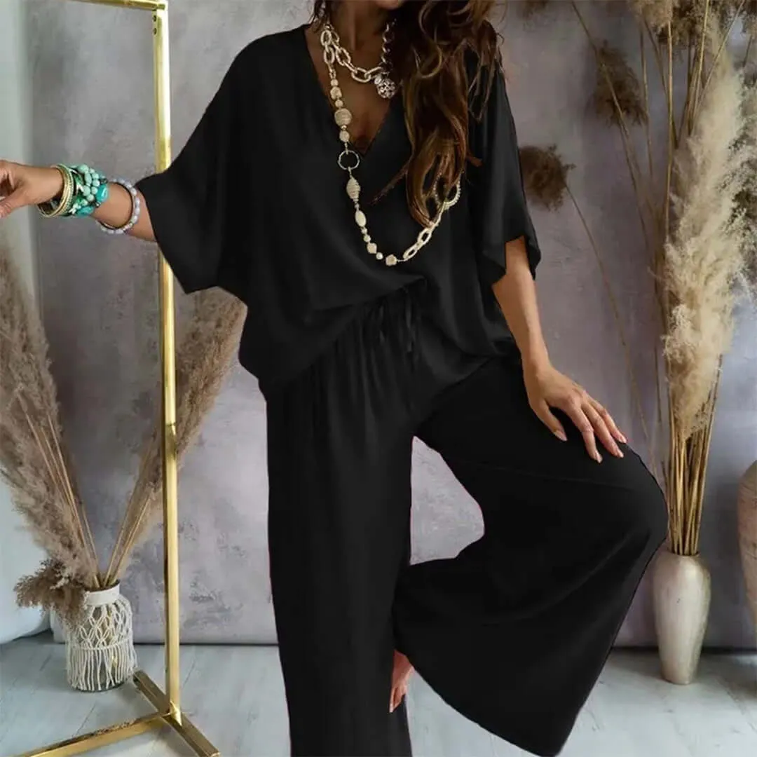 Women's Relaxed Loungewear Set: Oversized Top & Wide Leg Trousers